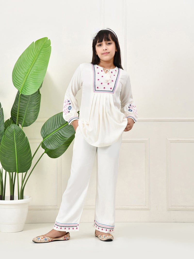 Cotton Woven Floral Embroidered Top & Pant Set for Girls
